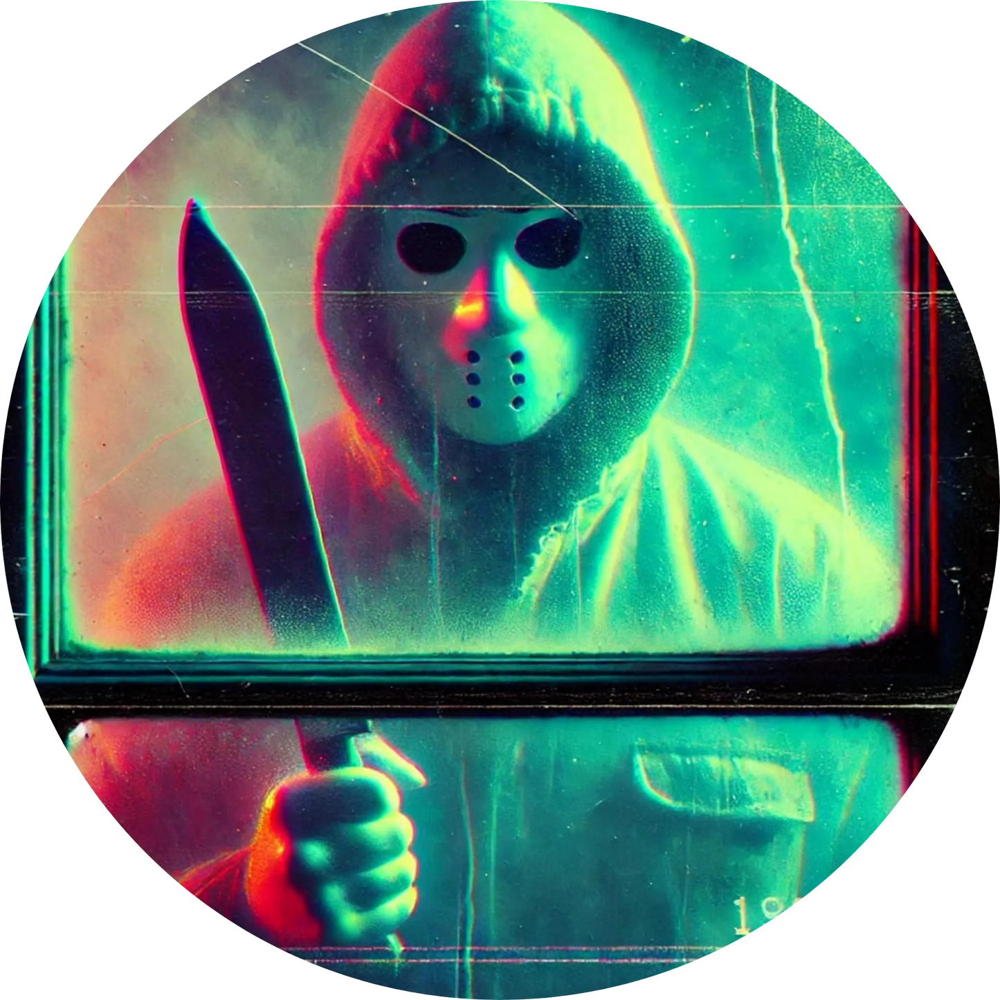 Maskierte Person mit Messern in beiden Händen vor neonfarbenem Hintergrund
