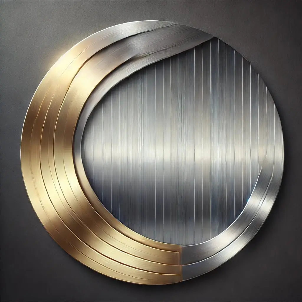 Abstrakter Kreis in Silber und Gold – Geometrische Metallstruktur mit halbkreisförmigen Elementen in Silber und Gold auf dunklem Hintergrund.