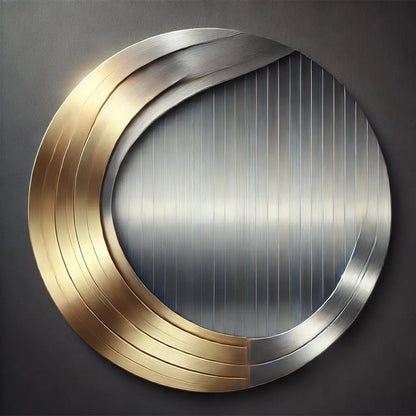 Abstrakter Kreis in Silber und Gold – Geometrische Metallstruktur mit halbkreisförmigen Elementen in Silber und Gold auf dunklem Hintergrund.
