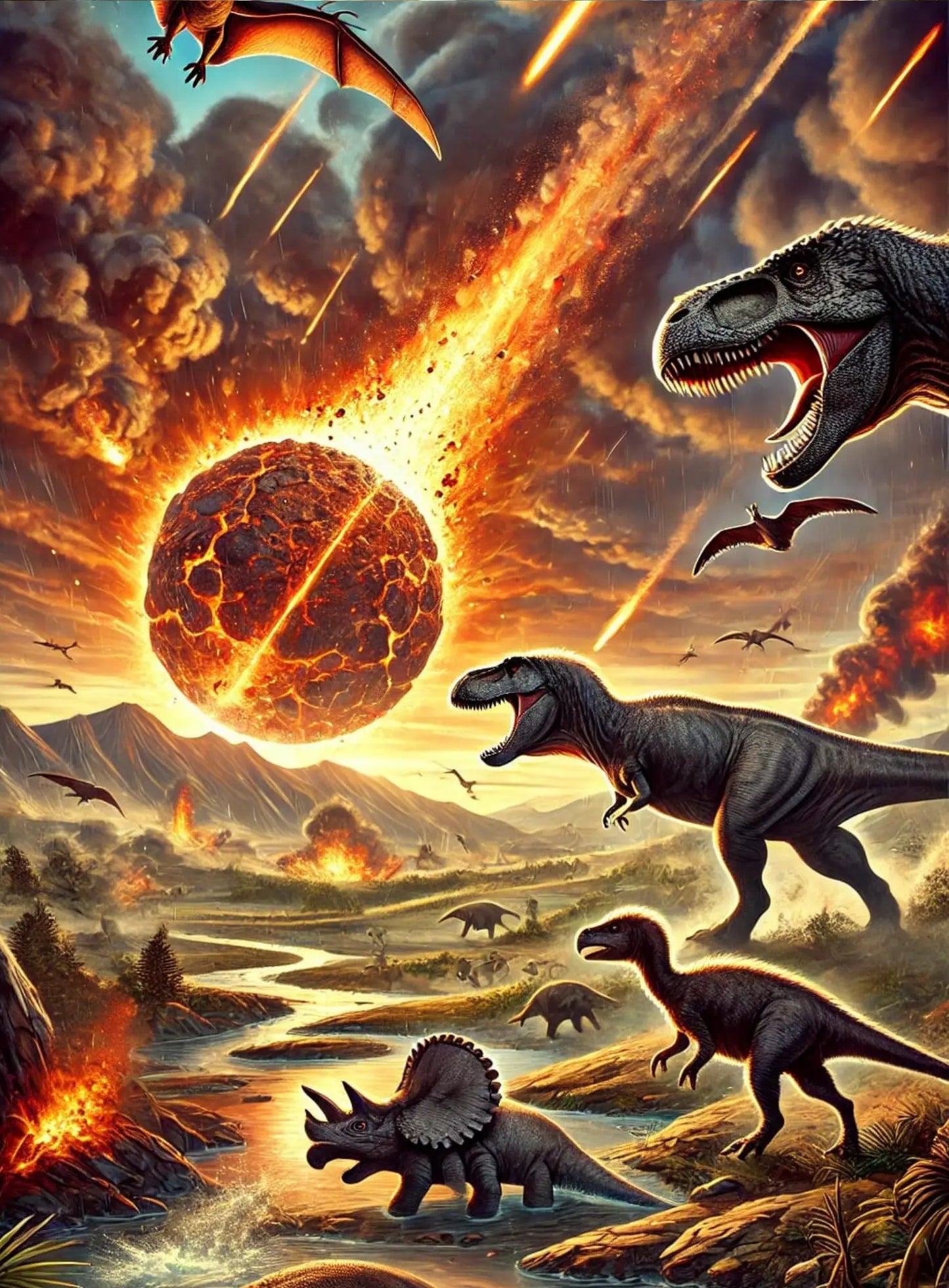 Dinosaurier fliehen vor einem Meteoriteneinschlag, während der Himmel brennt.