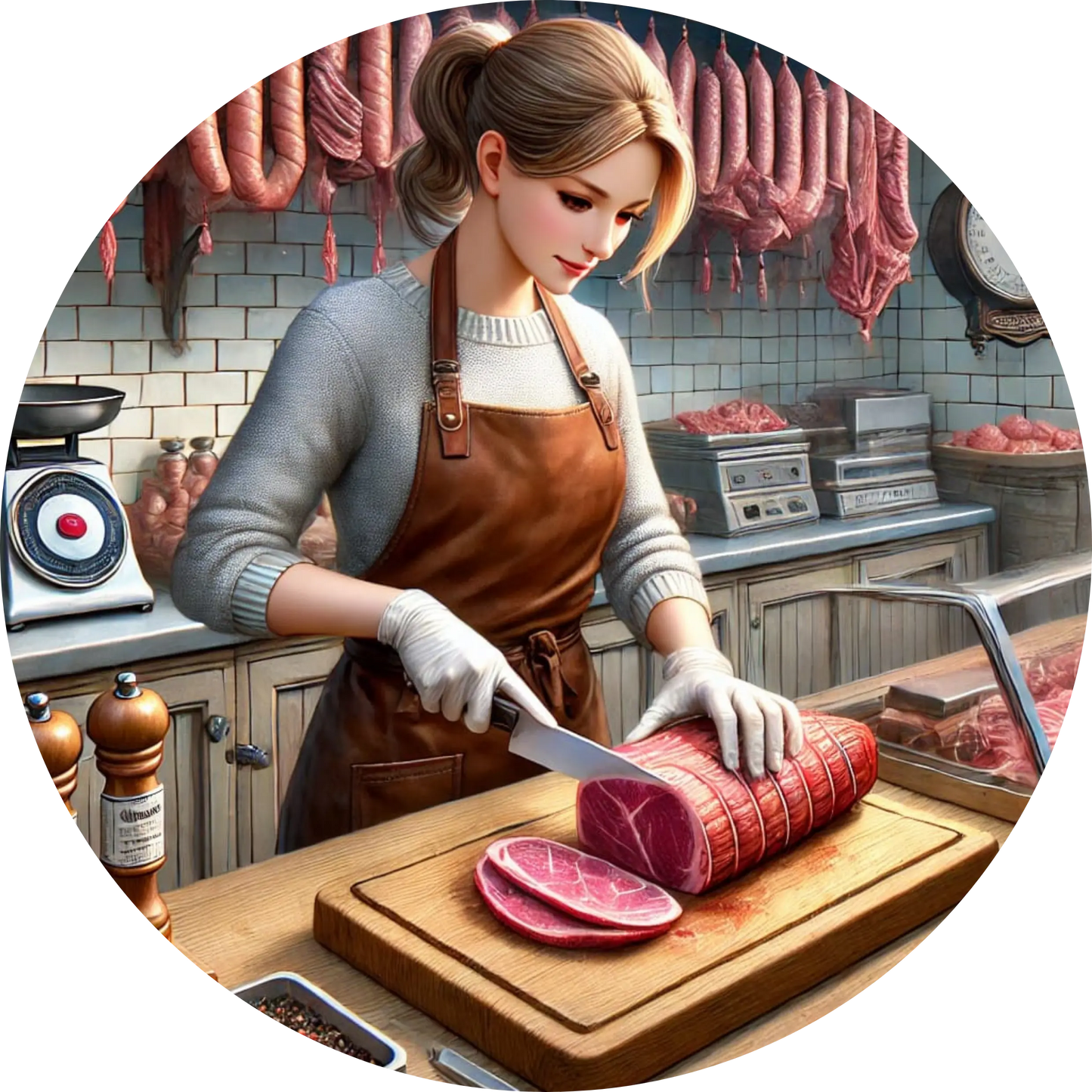 Metzgerin schneidet Fleisch hinter einer Theke mit Wurstwaren und Schneidemaschine