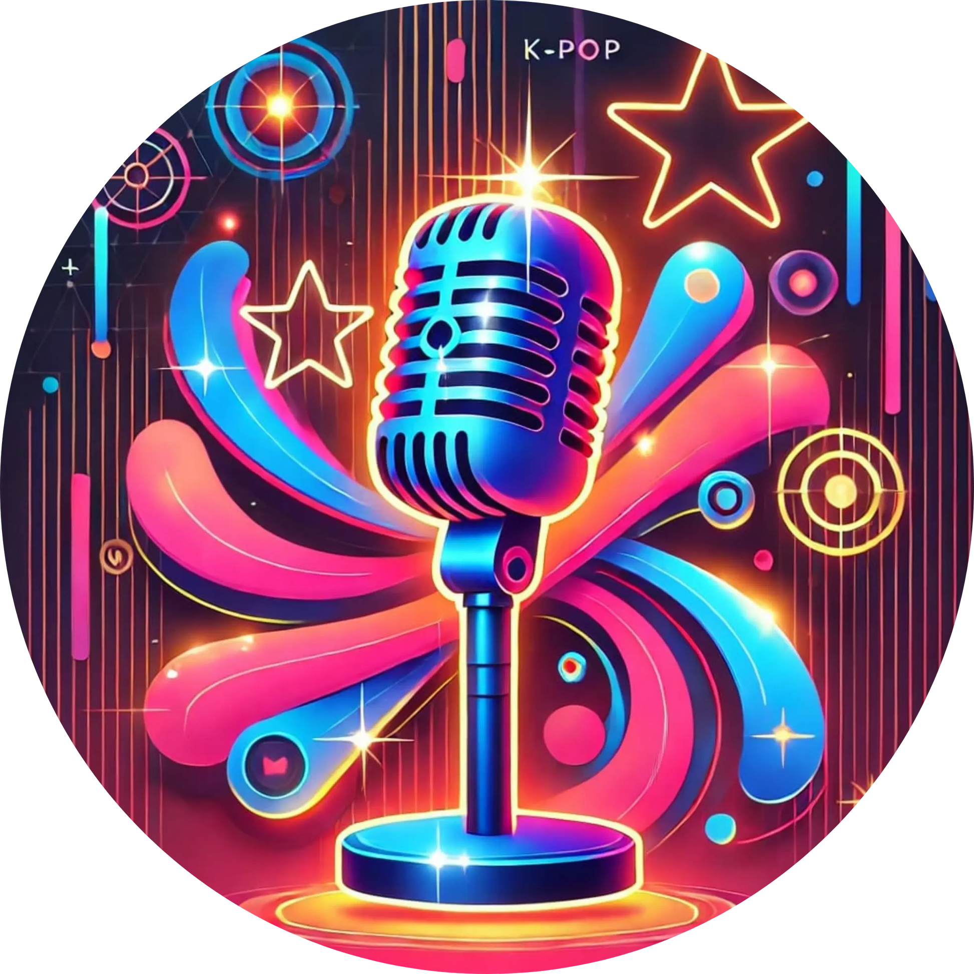 Neon-Mikrofon mit leuchtenden Musik- und K-Pop-Symbolen vor dunklem Hintergrund