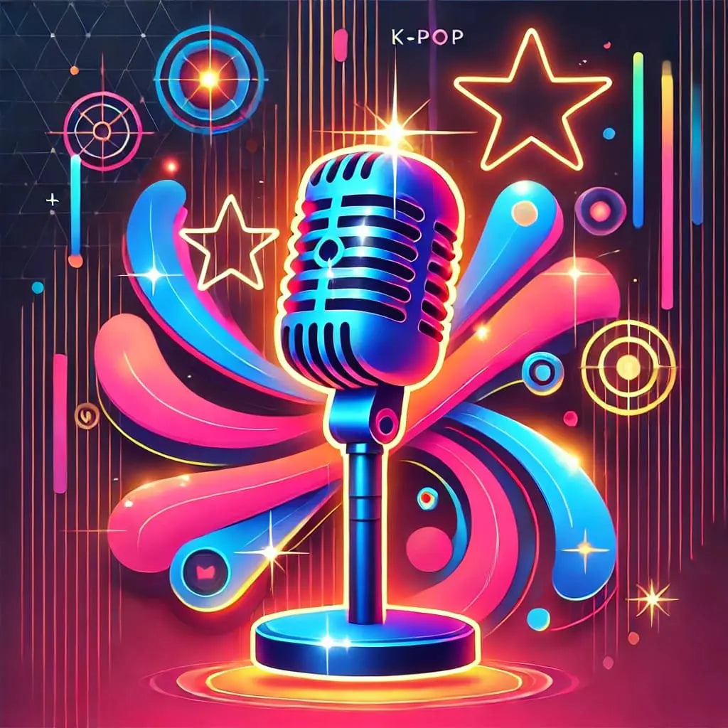 Neonfarbenes Mikrofon mit Sternen und Noten auf fantasievollem Hintergrund.