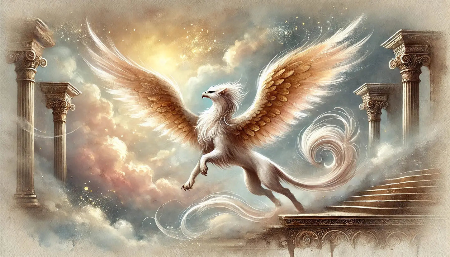 Weißes Pegasus Mischwesen, majestätisch mit weit geöffneten Flügeln vor einem roséfarbenen Lichtschein. Angelehnt an die griechische Mythologie.