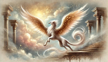 Weißes Pegasus Mischwesen, majestätisch mit weit geöffneten Flügeln vor einem roséfarbenen Lichtschein. Angelehnt an die griechische Mythologie.