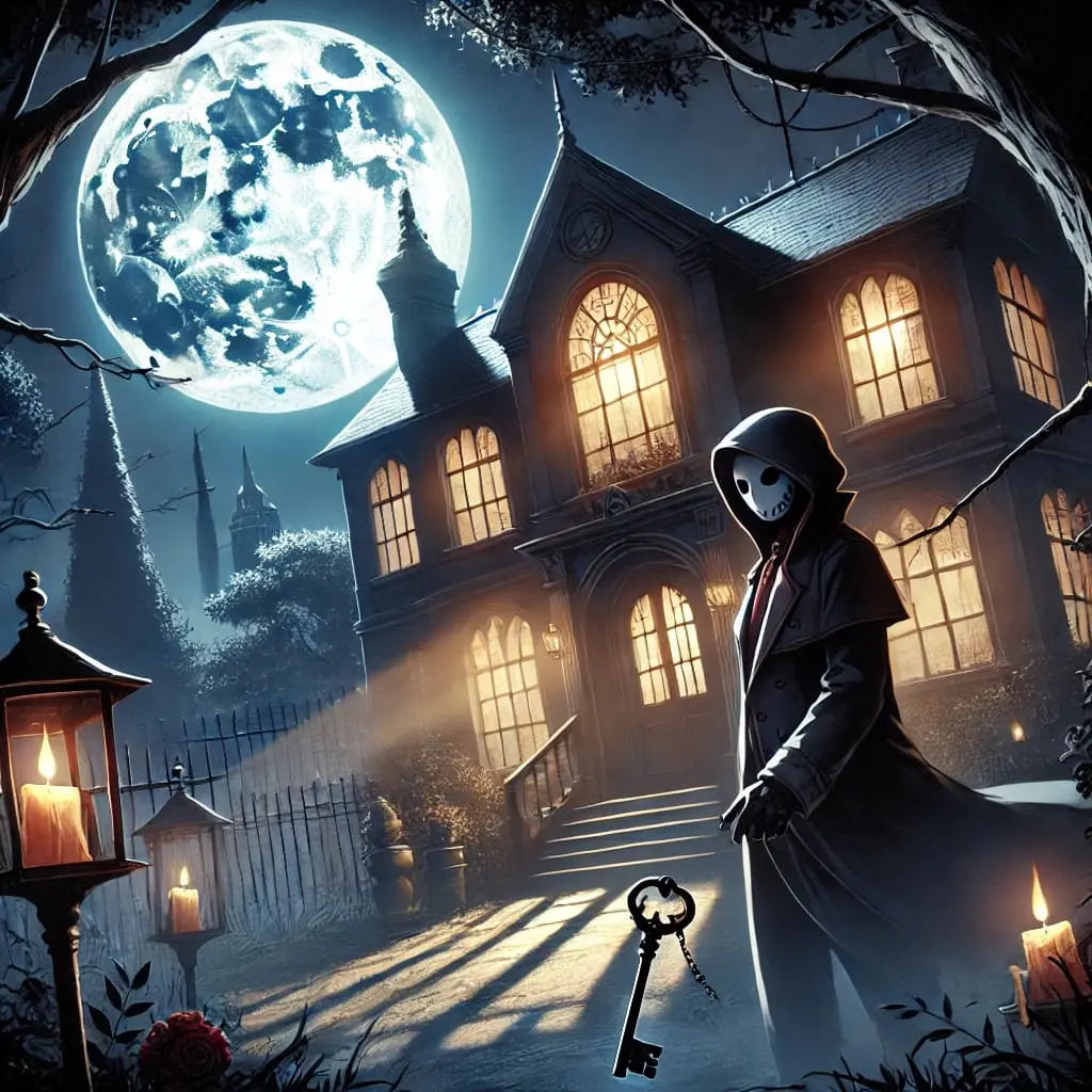 Eine mysteriöse Figur in Kapuze steht vor einem beleuchteten Herrenhaus bei Vollmond.