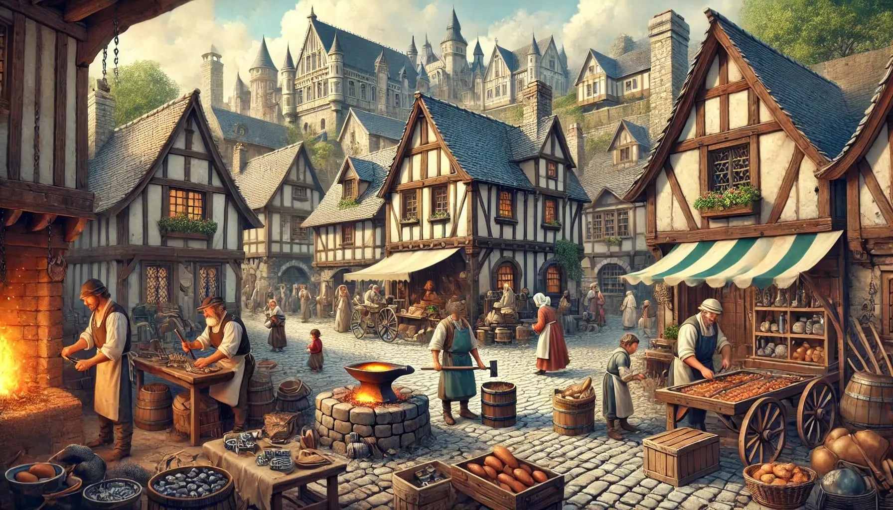 Mittelalterlicher Marktplatz Alltag mit Händlern, Käufern, Schmieden. Im Hintergrund ist die Burg zu sehen.