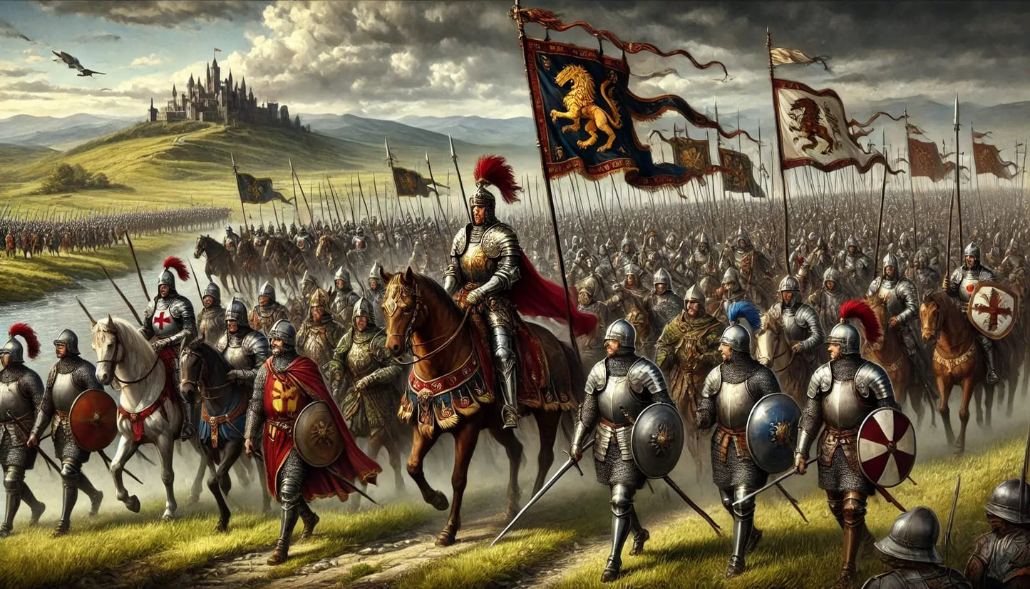 Mittelalterliches Heerlager mit Rittern zu Pferd – Aufstellung einer Armee für den bevorstehenden Feldzug.