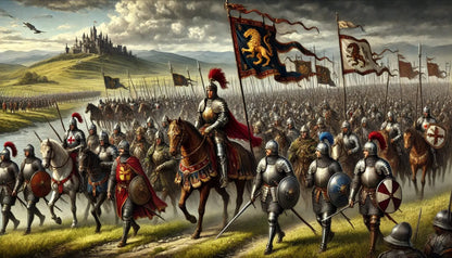 Mittelalterliches Heerlager mit Rittern zu Pferd – Aufstellung einer Armee für den bevorstehenden Feldzug.