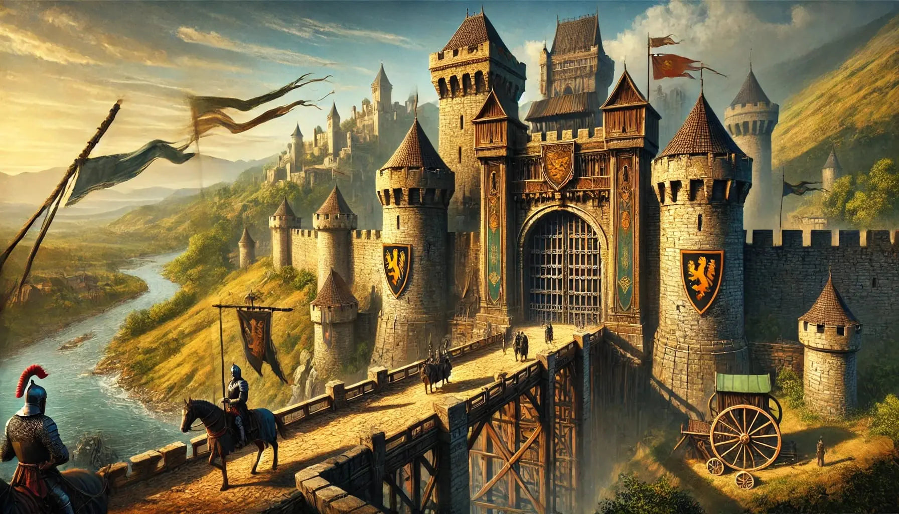 Märchenhafte Burg auf einem Hügel mit Wachtürmen und Zugbrücke – symbolträchtiges Motiv für mittelalterliche Romantik.