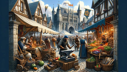 Lebhafter Marktplatz in einer mittelalterlichen Stadt – reges Treiben zwischen Ständen, Fachwerkhäusern und Stadtmauern.