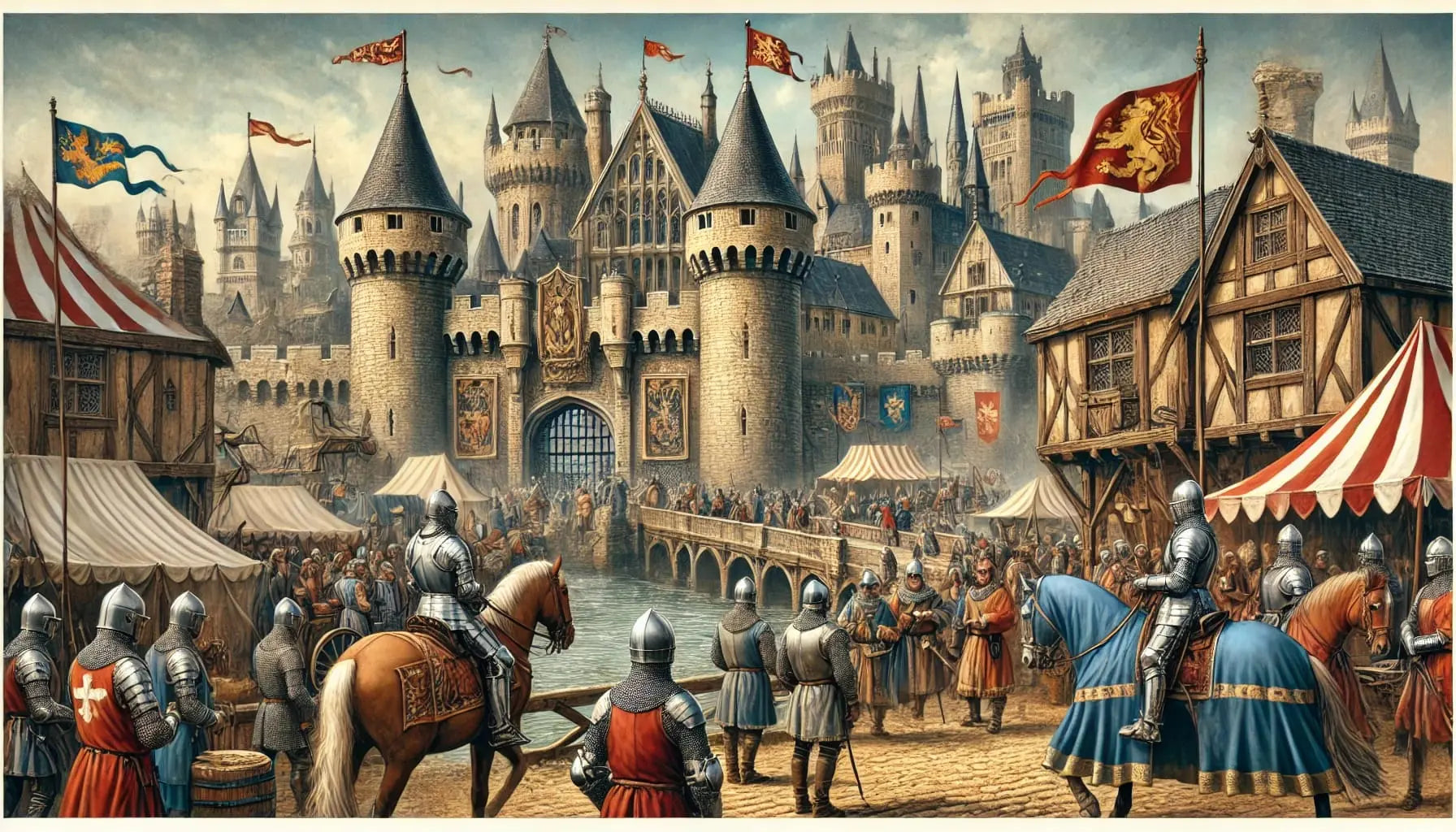 Festlicher mittelalterlicher Marktplatz vor einer Burg – mit Gauklern, Rittern und bunten Marktständen.