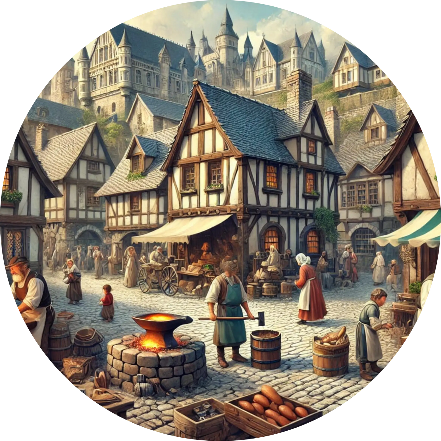 Mittelalterlicher Stadtkern mit Fachwerkhäusern und belebtem Marktplatz.