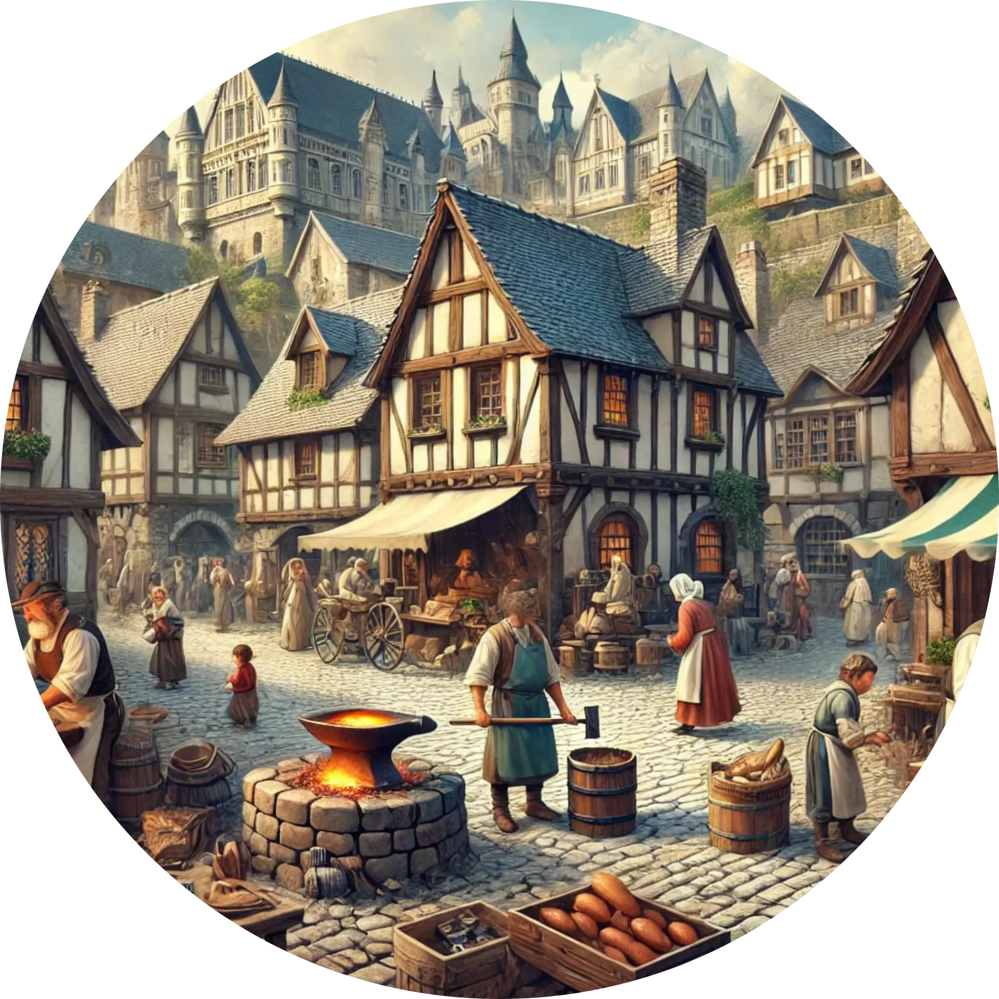 Mittelalterlicher Stadtkern mit Fachwerkhäusern und belebtem Marktplatz.