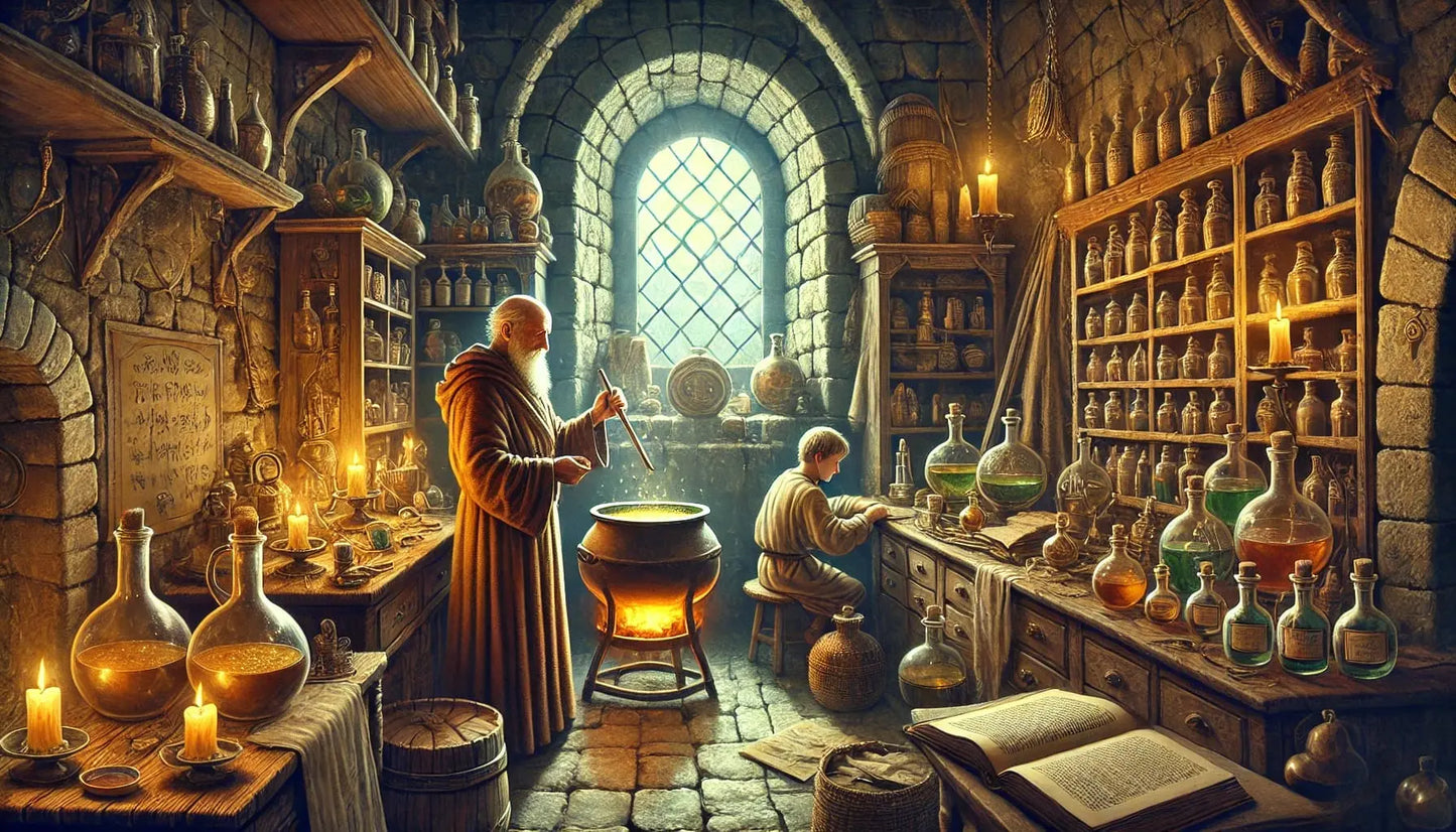 Geheimnisvolles mittelalterliches Labor mit Alchemisten, Tränken und leuchtenden Glasgefäßen – im Schein von Kerzen und Feuerstellen.