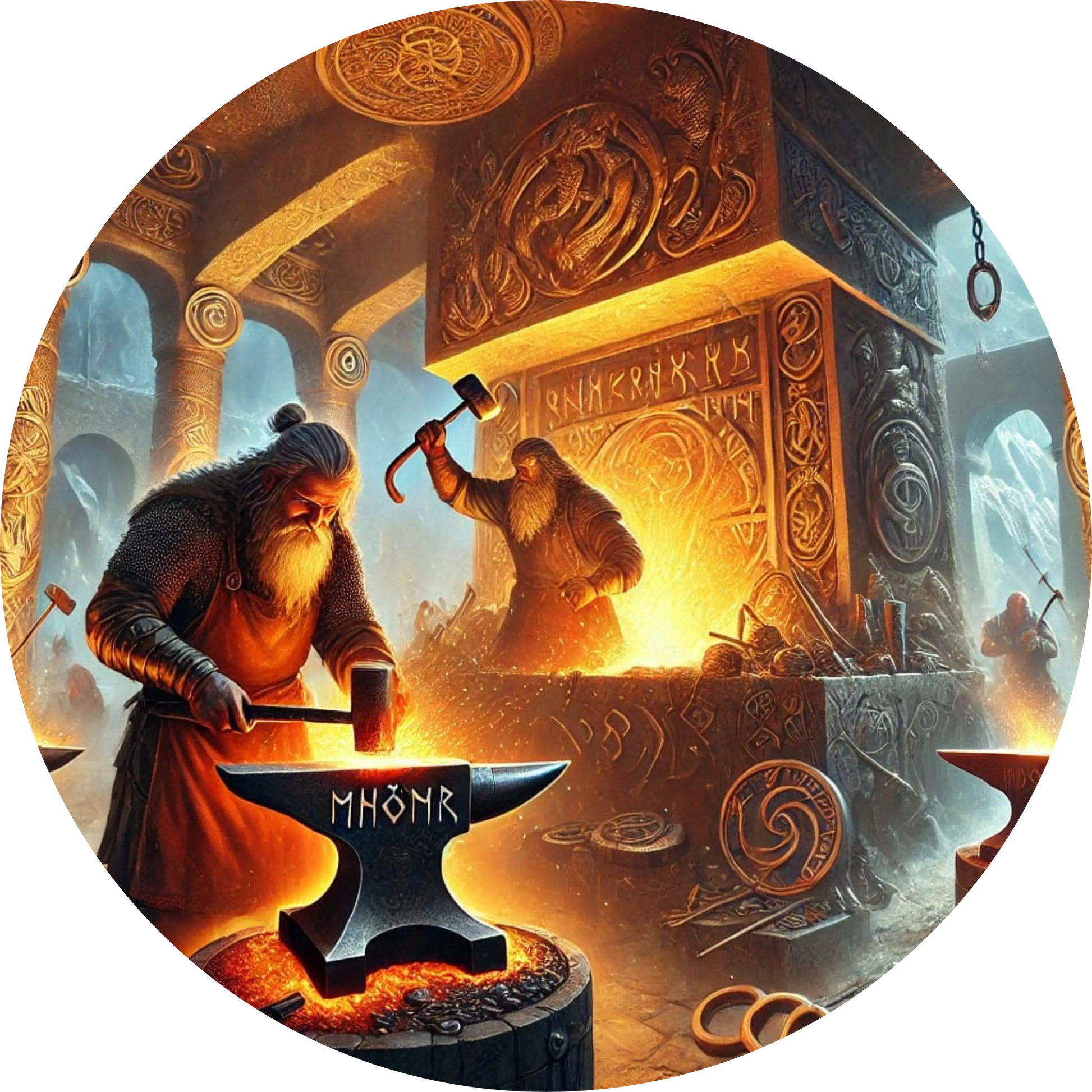 Schmiede von Mjölnir – nordische Götter arbeiten an einem Amboss im Feuerschein