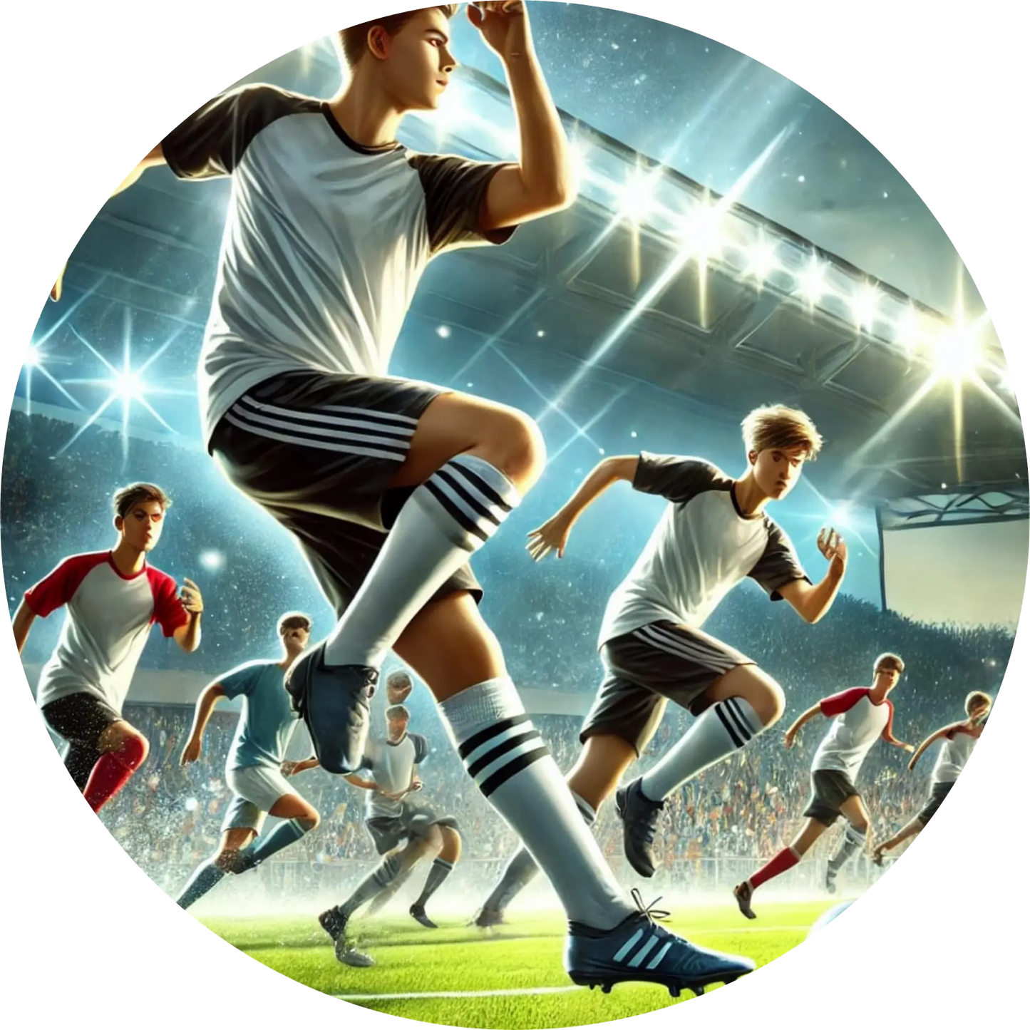 Jugendliche spielen energiegeladen Fußball in einem modernen Stadion bei Flutlicht