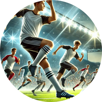 Jugendliche spielen energiegeladen Fußball in einem modernen Stadion bei Flutlicht