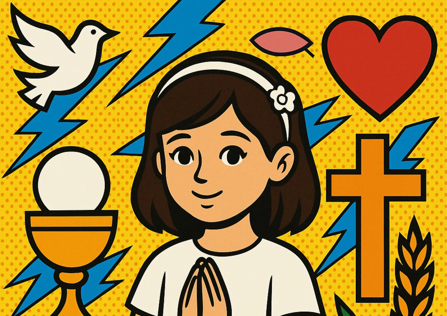 Fröhliches Mädchen mit Gebetsgeste, umgeben von Symbolen wie Taube, Herz und Kreuz – modernes, kinderfreundliches Design