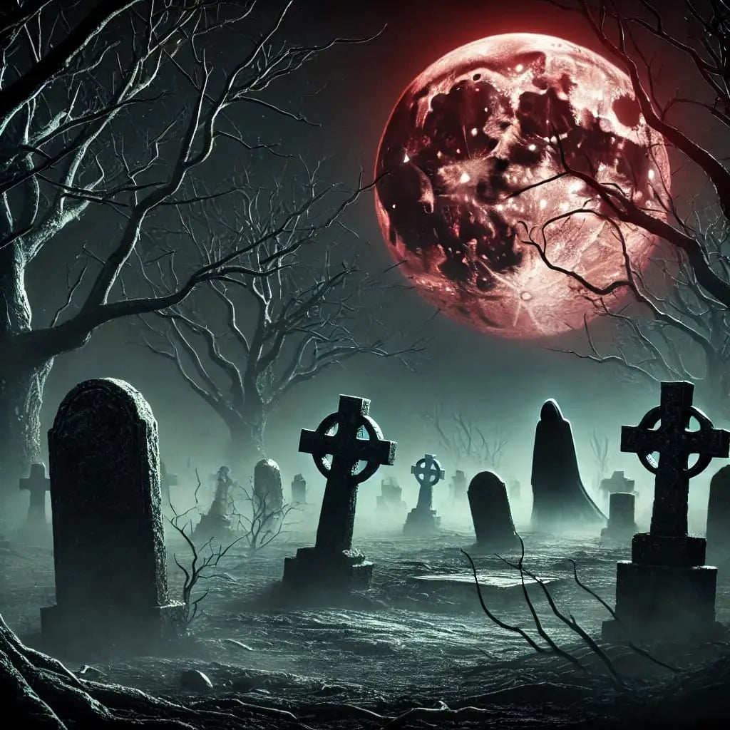 Friedhof mit gespenstischem Bäumen und blutroter Vollmond – makaber und surreal