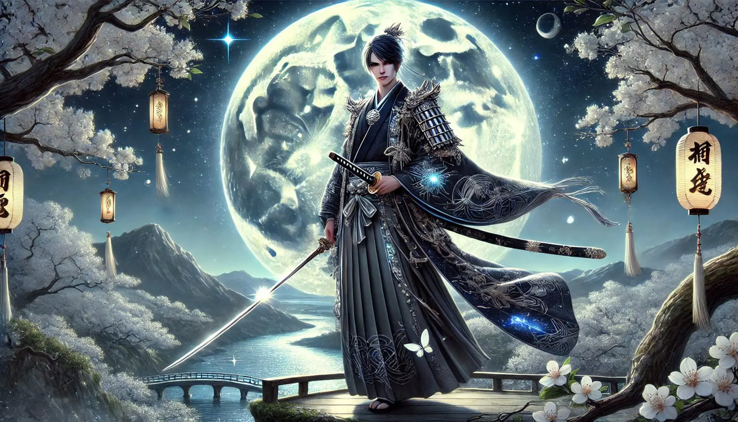 Fantasy-Szene mit einem Krieger vor einem vollen Mond – mit Laternen, Kimono und schwebenden Kirschblüten in der Nacht.