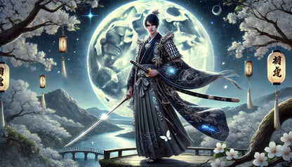 Fantasy-Szene mit einem Krieger vor einem vollen Mond – mit Laternen, Kimono und schwebenden Kirschblüten in der Nacht.