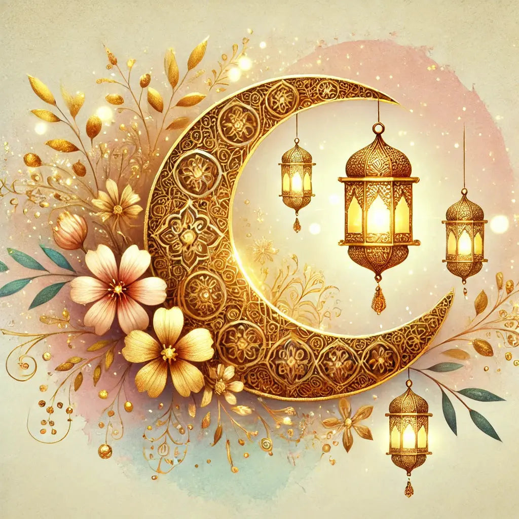 Festliche Mondsichel mit verziertem orientalischem Muster und goldener Laterne – spirituelles Design mit islamischem Flair.