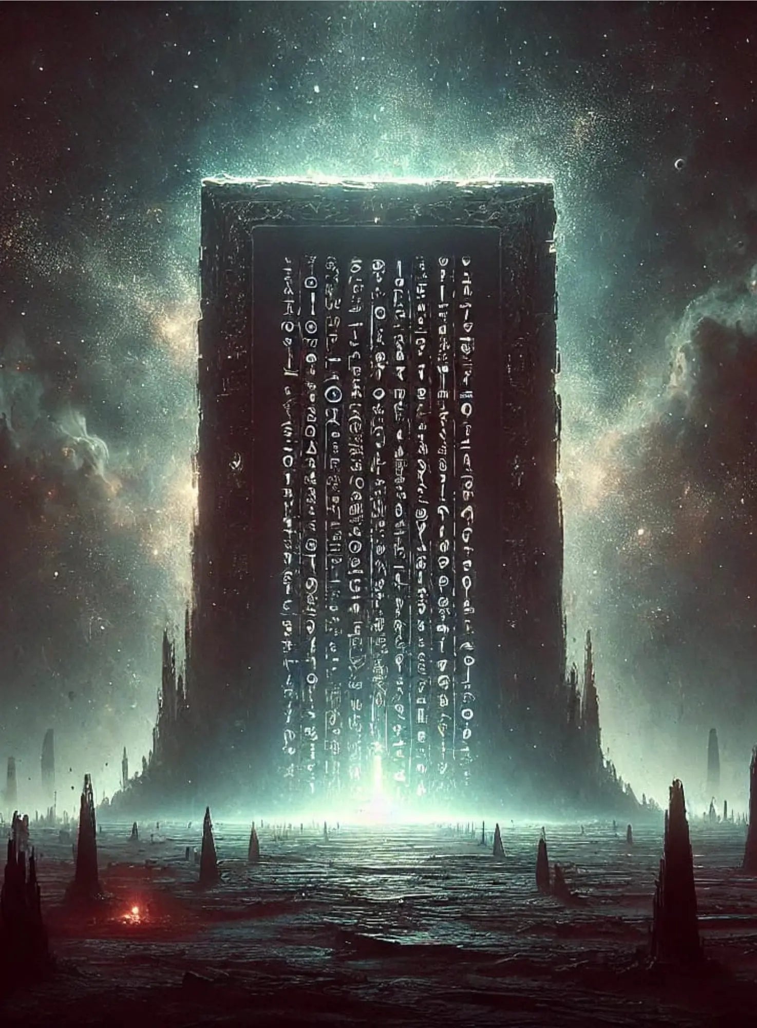 Leuchtender Monolith mit fremdartiger Schrift in mystischer, außerirdischer Landschaft. Surreale Atmosphäre mit galaktischem Hintergrund und leuchtendem Boden
