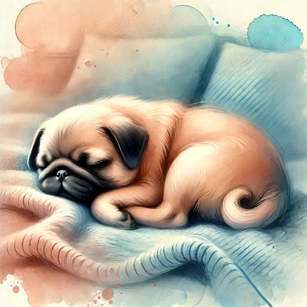 Mops auf flauschiger Decke im Aquarellstil, blau-rosa gehalten.