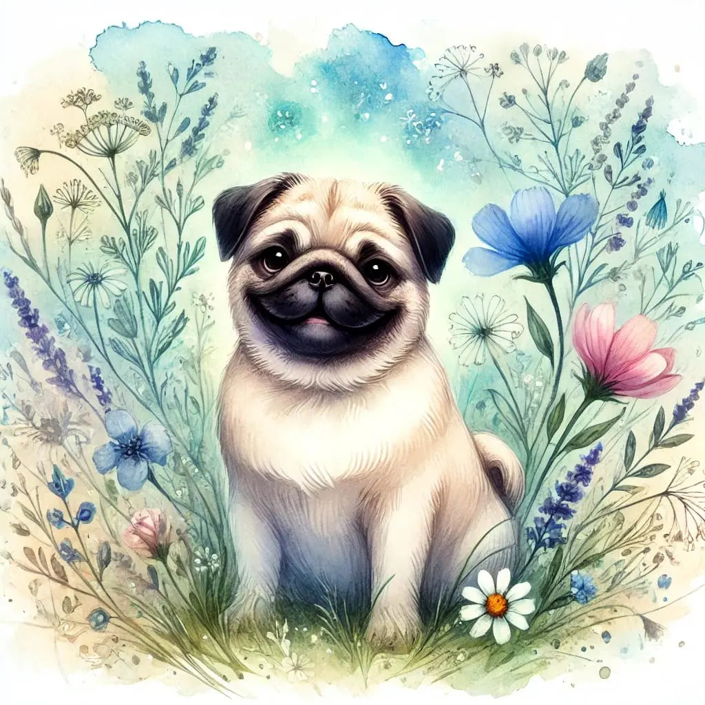 Mops auf Blumenwiese mit Sonnenlicht im Hintergrund – fröhlich & romantisch