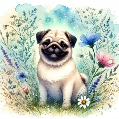 Mops auf Blumenwiese mit Sonnenlicht im Hintergrund – fröhlich & romantisch