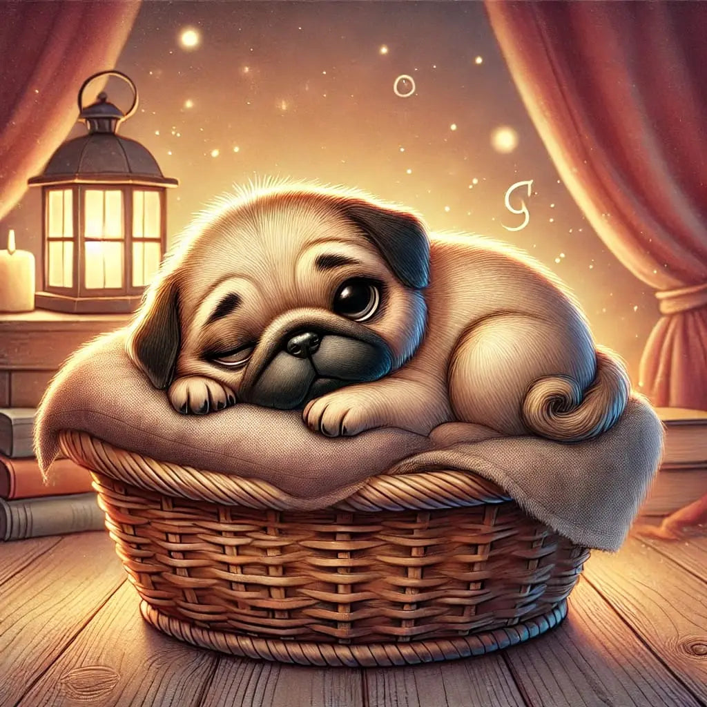 Mops im Körbchen und sanftem Licht