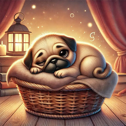 Mops im Körbchen und sanftem Licht