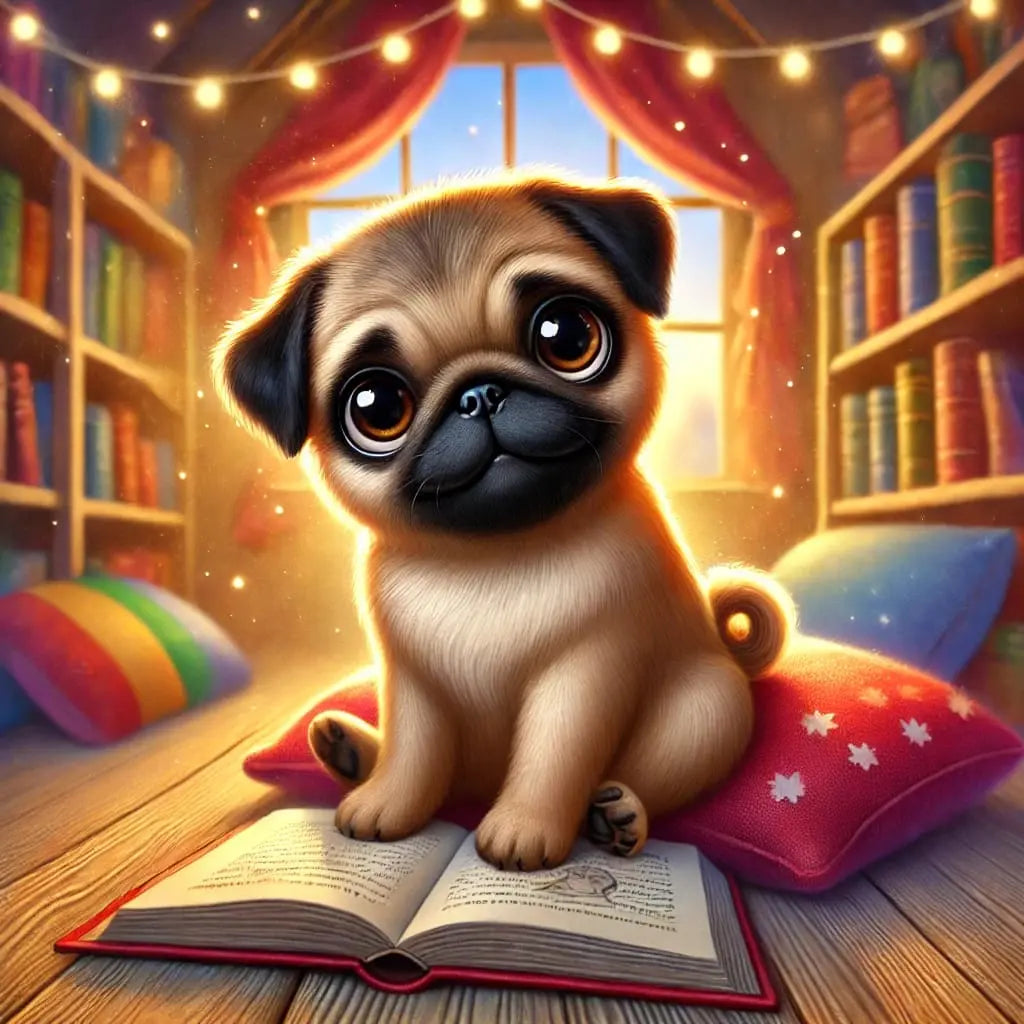Mops mit Brille liest ein Buch in gemütlicher Bibliothek – niedliches Motiv