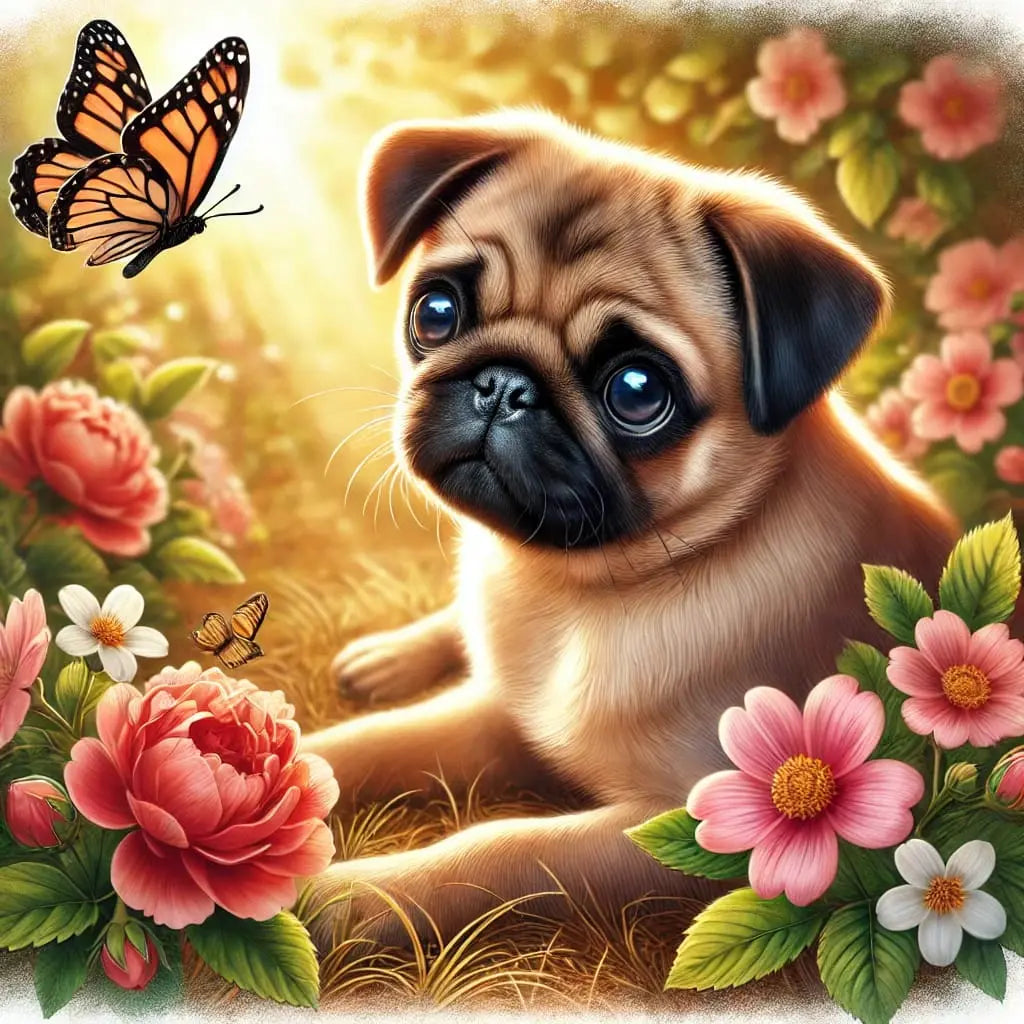 Mops mit Schmetterling auf der Nase, zwischen Blumen – fröhliche Stimmung