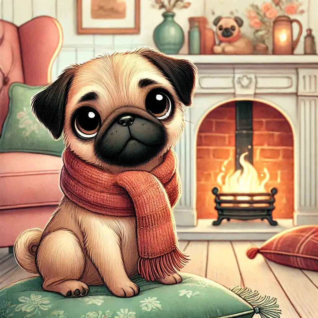 Mops vor Kamin mit Winterpulli – gemütliches Wohnzimmermotiv