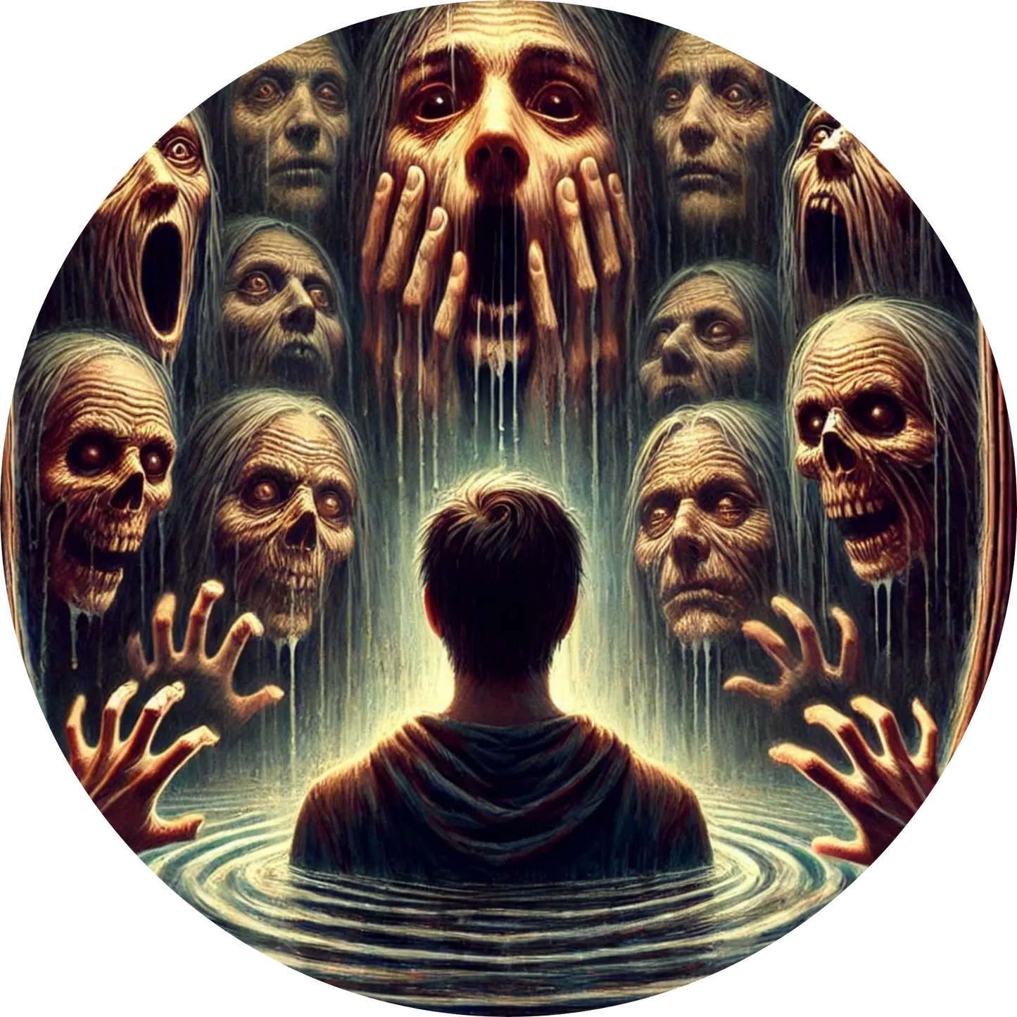 Gruppe kahler Schädel mit leuchtenden Augen, zentraler Kopf in düsterem Licht