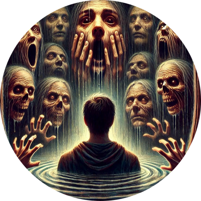 Gruppe kahler Schädel mit leuchtenden Augen, zentraler Kopf in düsterem Licht