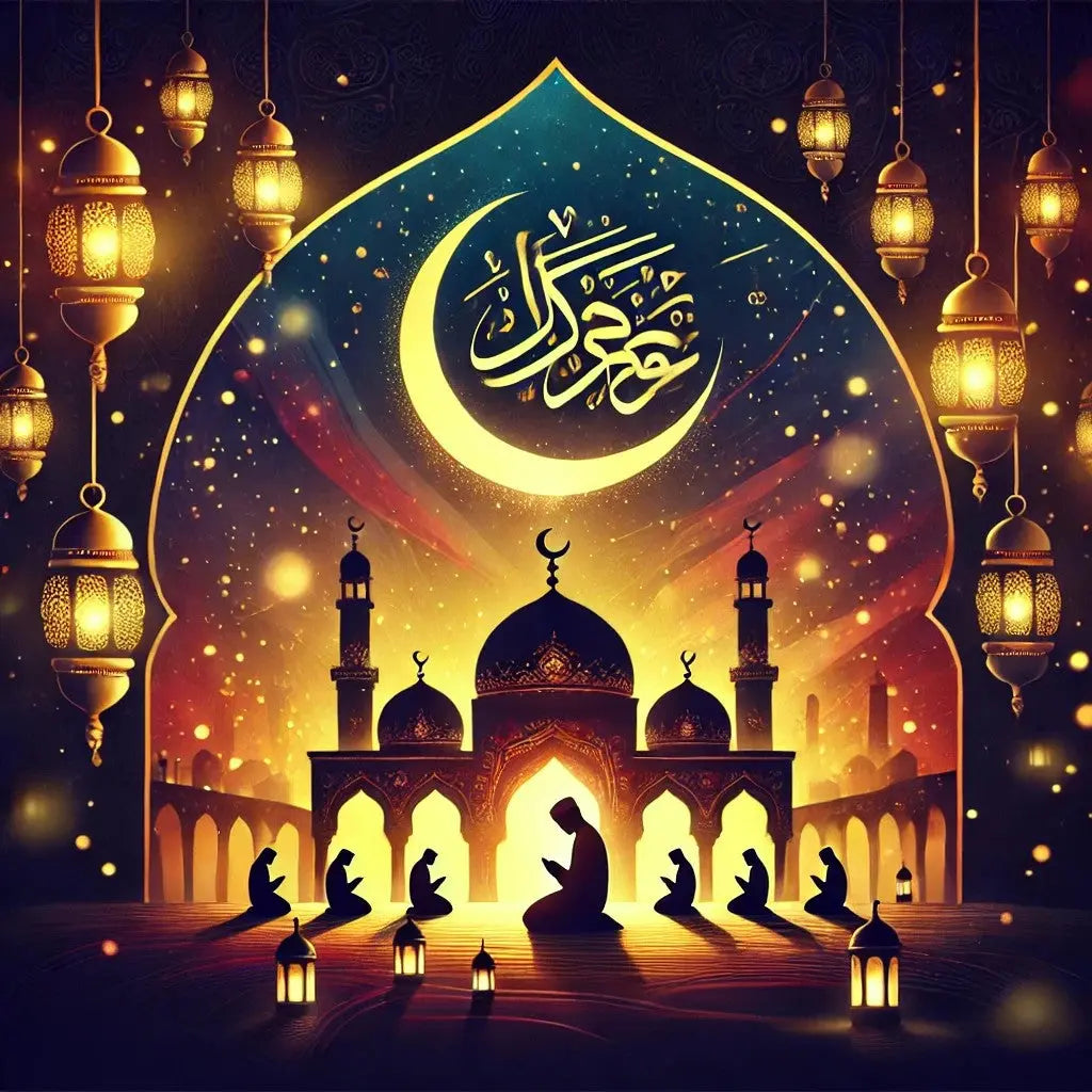 Arabischer Schriftzug & Moschee bei Nacht – Leuchtende Moscheensilhouette mit arabischer Kalligrafie vor einem dramatischen Nachthimmel.