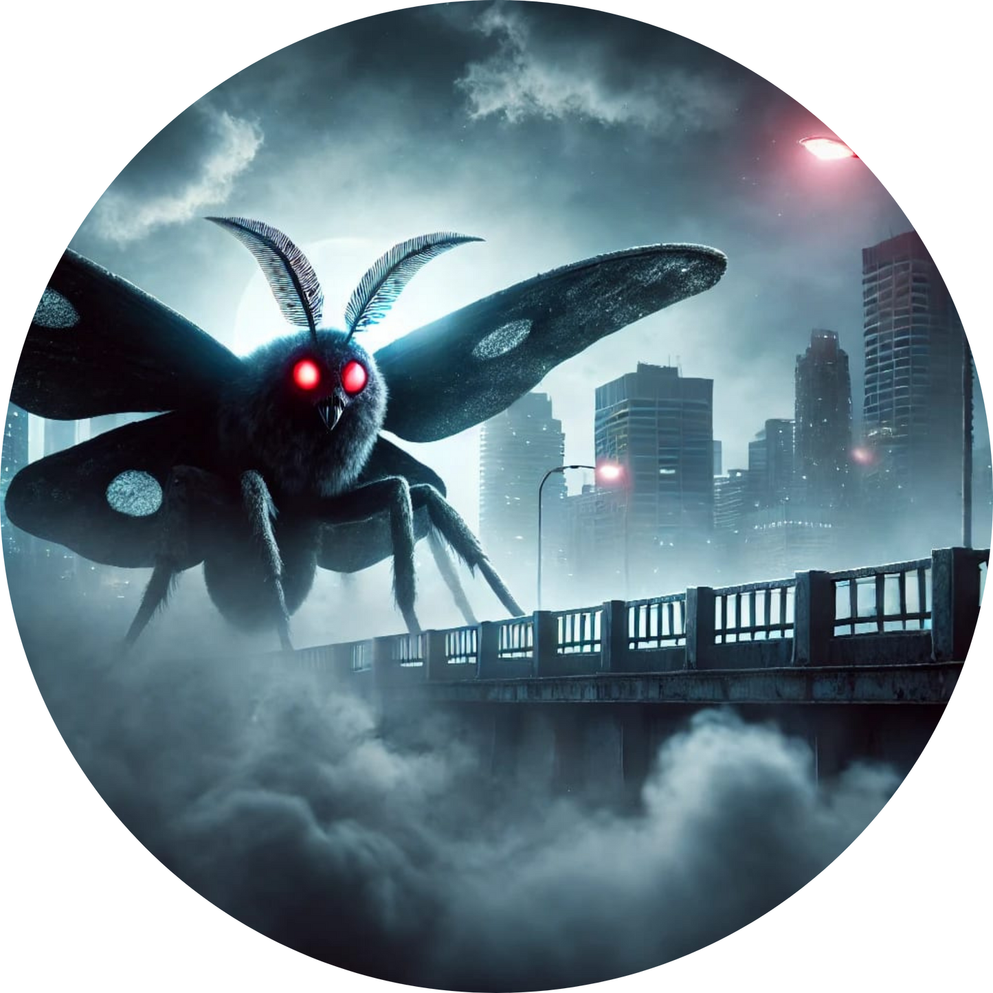 Bedrohliche riesige Motte über einer dystopischen Stadt im Nebel.