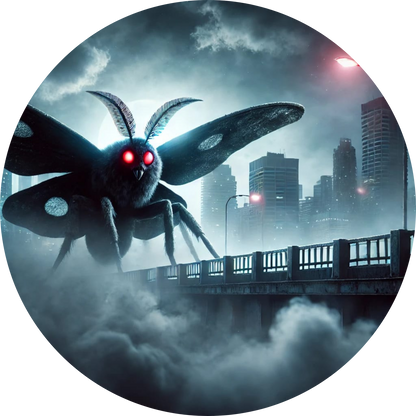 Bedrohliche riesige Motte über einer dystopischen Stadt im Nebel.