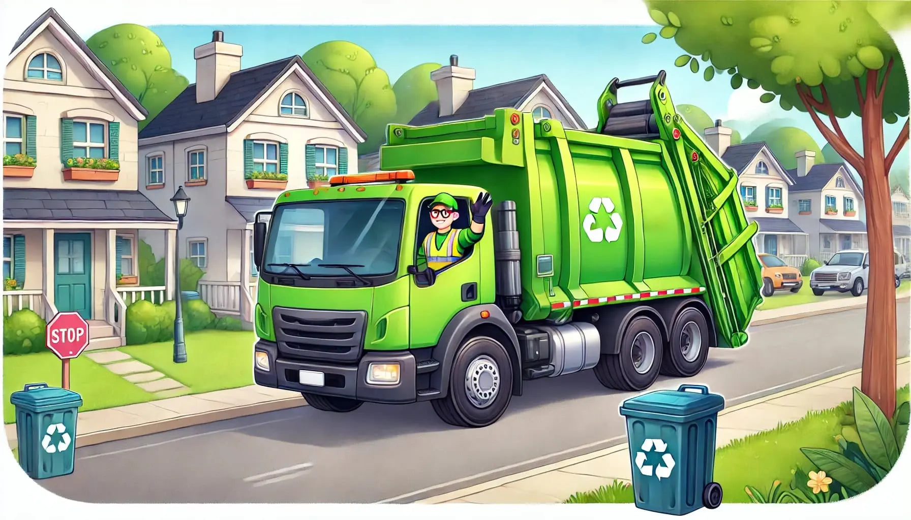 Müllabfuhr-Fahrzeug fährt durch ein Wohngebiet mit zwei Mitarbeitern