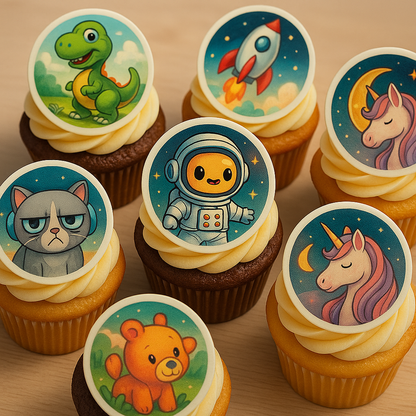 Muffins mit verschiedenen, farbenfrohenAuflegern im Kinder Design. Einhörner, Astronaut, grimmige Katze. Bär, Dinos und Rakete.