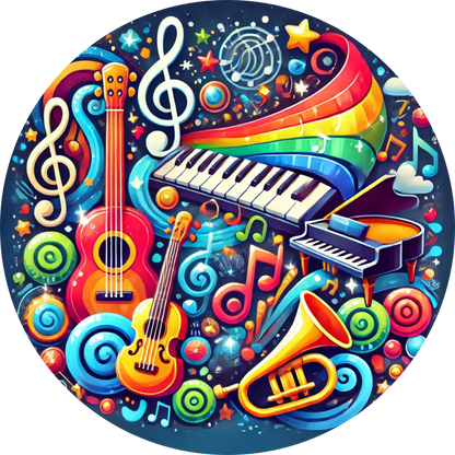  Musik-Collage mit bunten Instrumenten wie Keyboard, Noten, Gitarre und Trompete in verspieltem Stil