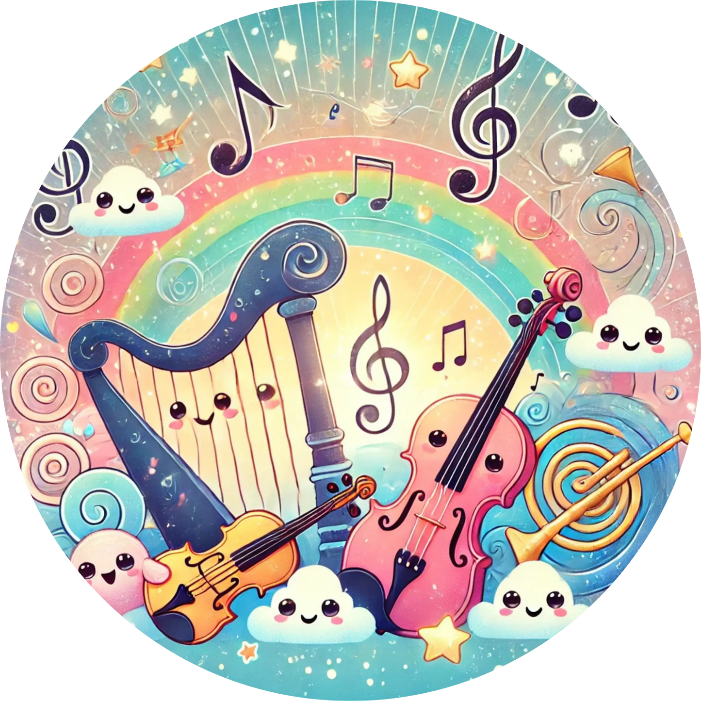 Bunte Fantasie-Illustration mit Gitarre, Flügel und musikalischen Symbolen