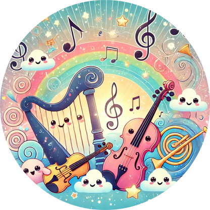 Bunte Fantasie-Illustration mit Gitarre, Flügel und musikalischen Symbolen