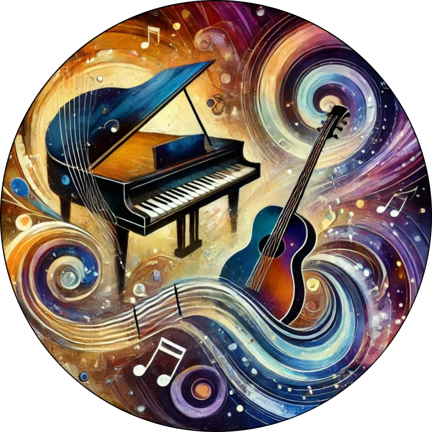 Ein Klavier, eine Geige und eine Gitarre schweben in einem farbenfrohen Fantasie-Setting – ein kreatives Bild für Musikliebhaber und Instrumentenfans.