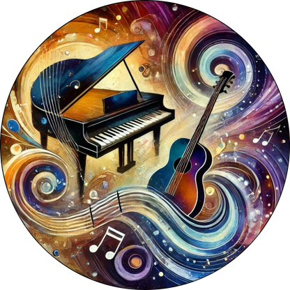 Ein Klavier, eine Geige und eine Gitarre schweben in einem farbenfrohen Fantasie-Setting – ein kreatives Bild für Musikliebhaber und Instrumentenfans.