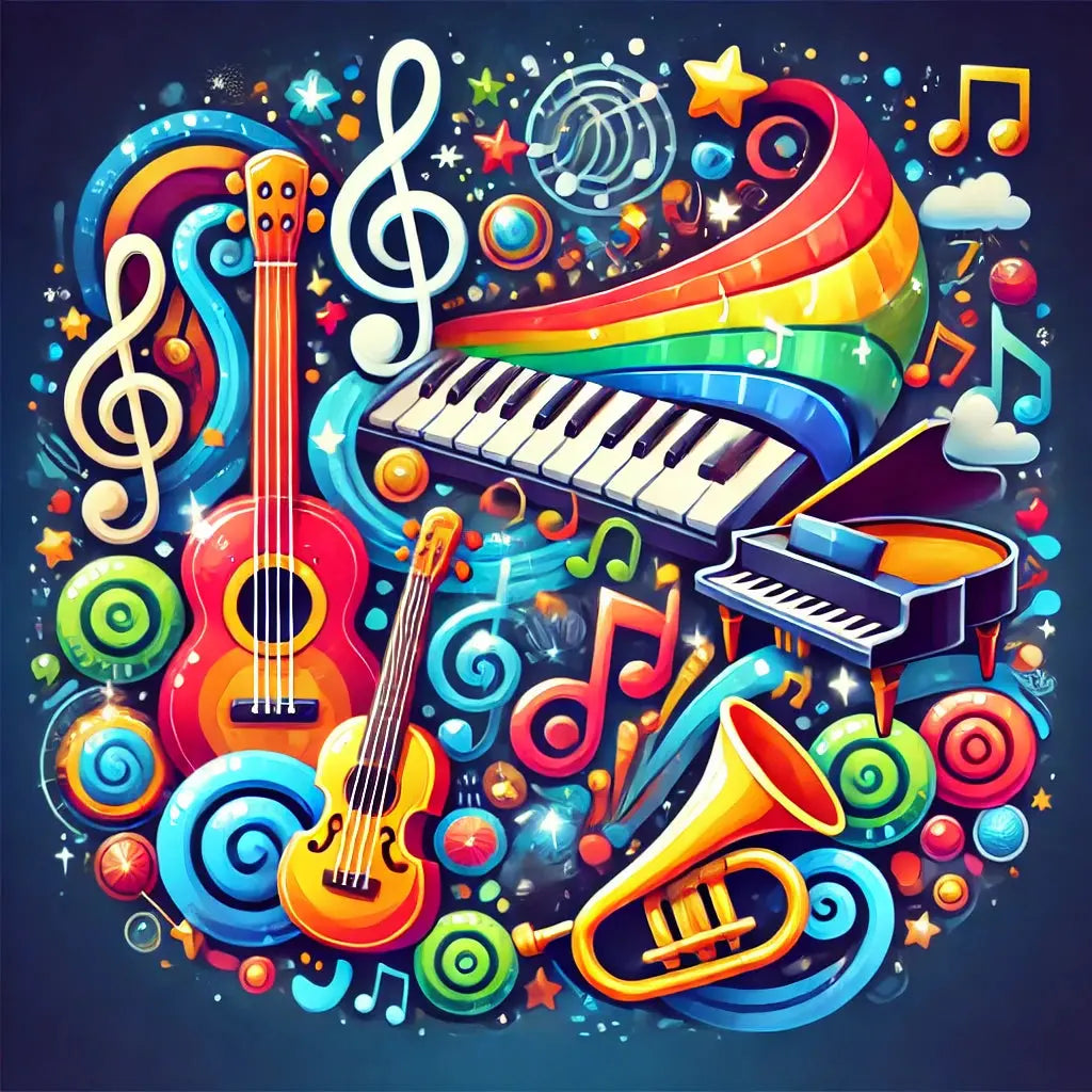 Abstrakte, bunte Darstellung von Musikinstrumenten – digitales Fantasiedesign.