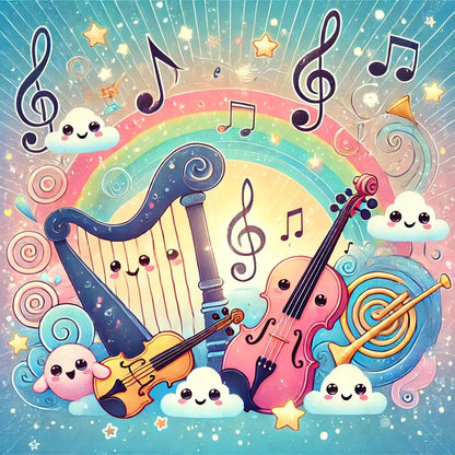 Niedliche Musik-Instrumente mit Noten und Wolken – märchenhaft und bunt.